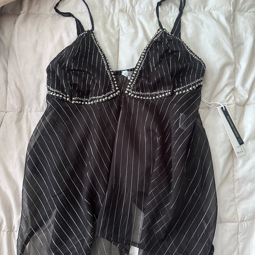 Black pinstripe black and silver coquette gemmed babydoll top